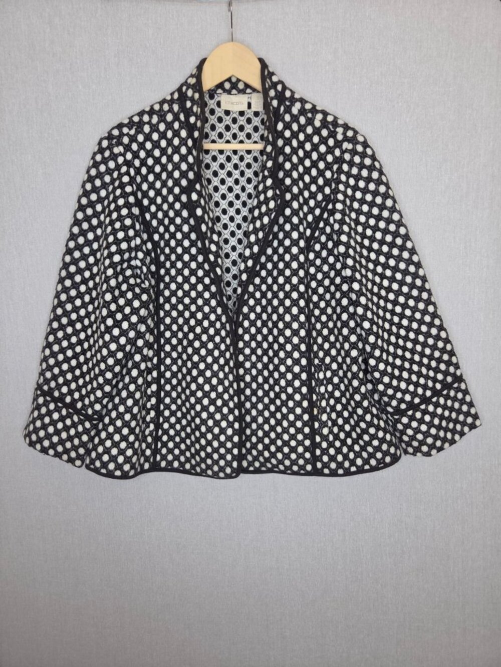 💙 Chico’s Black White Polka Dot Open Front Jacket Size XL Soft Draped